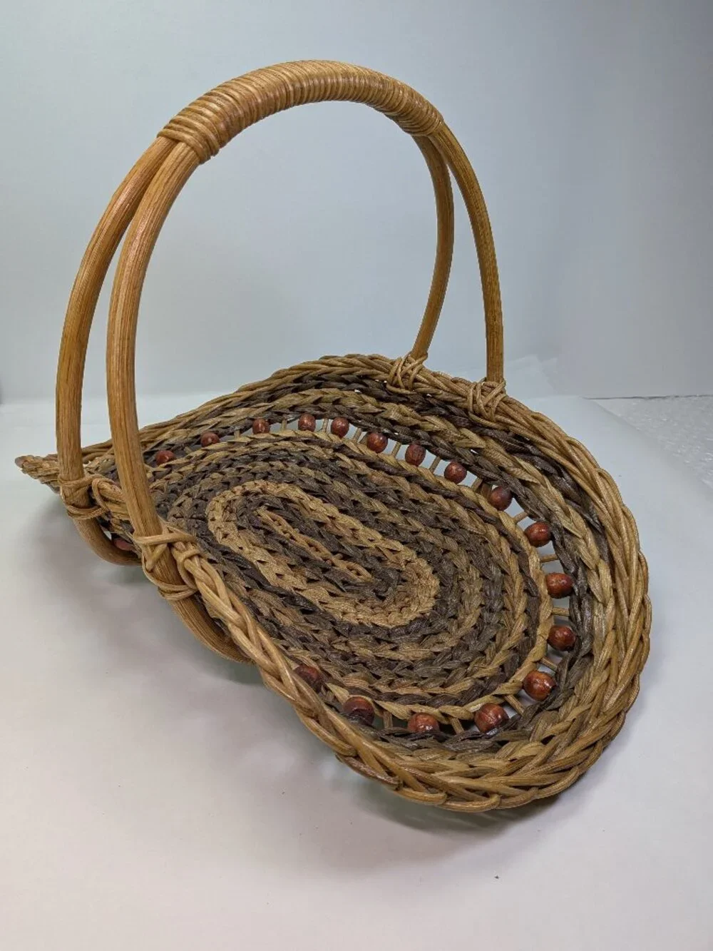 Vintage Woven Two-Tone Scoop Basket Wooden Bead Accent Overhead Handle